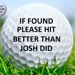 May include: A white golf ball with the text "IF FOUND PLEASE HIT BETTER THAN JOSH DID" printed on it. The golf ball is sitting on green grass.