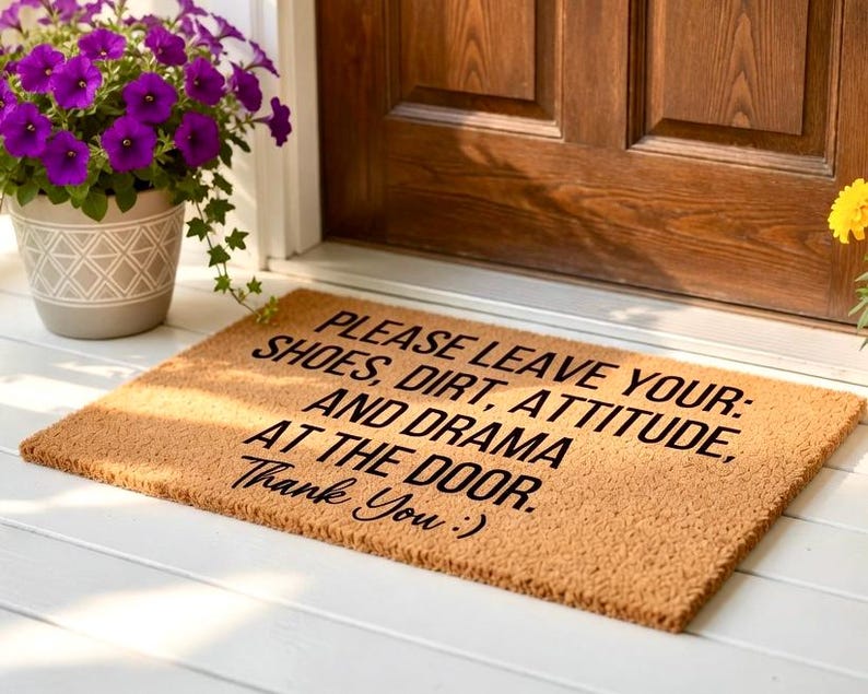 May include: A rectangular coir doormat with the message "PLEASE LEAVE YOUR: SHOES, DIRT, ATTITUDE, AND DRAMA AT THE DOOR. Thank You :)" in black. The mat is placed in front of a wooden door.