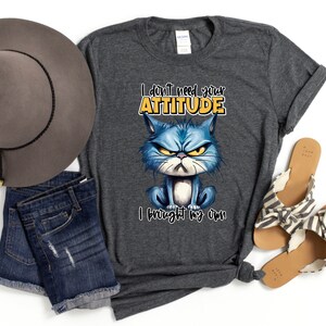 Op de afbeelding: Een donkergrijs T-shirt met een cartoonkat met een chagrijnige uitdrukking. De tekst op het shirt luidt "I don't need your attitude I brought my own".