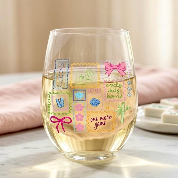 Mahjong Stemless Wine Glass, Mahjong Gifts, Mahj Player Gift, Mahj Party Glasses, Mahj Wine Glass