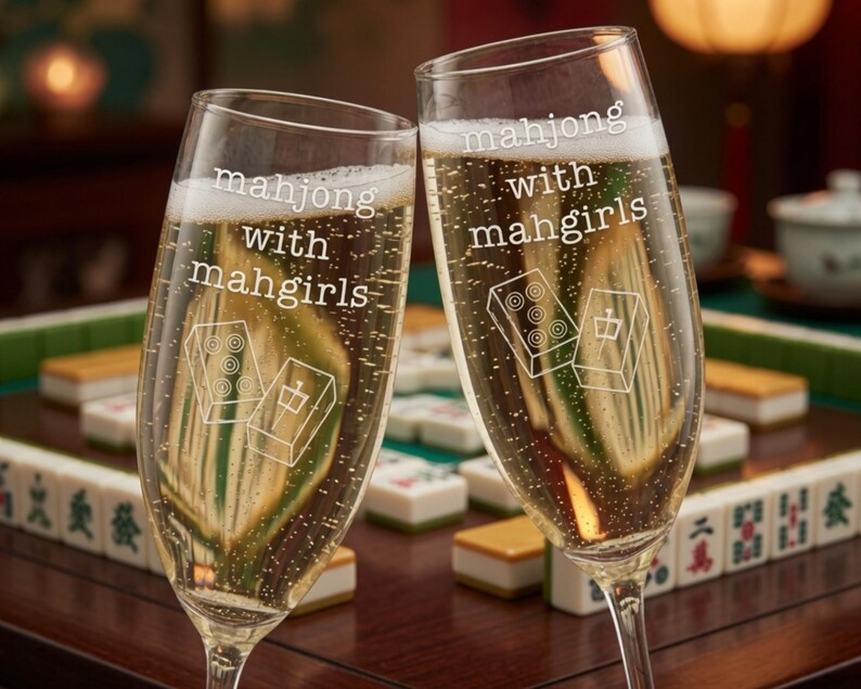 Laser graviertes Mahjong Sektglas, Mahjong Geschenk, Mahjong Gastgeberin Geschenk, Benutzerdefiniertes Mahjong Glas, Einzigartiges Mahjong Geschenk Bild 2