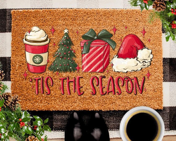 Christmas Doormat, Tis The Season Doormat, Christmas Decor, Santa, Christmas Tree, Coffee,Winter Door Mat for Winter Decorations,Welcome Mat