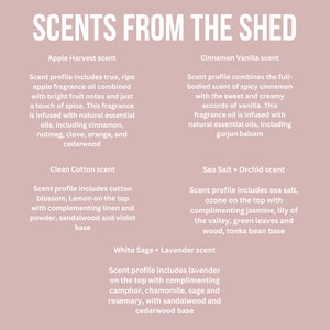 K&ouml;nnte beinhalten: Rosa Hintergrund mit wei&szlig;em Text &bdquo;SCENTS FROM THE SHED&ldquo;. Das Bild listet Duftprofile wie Apple Harvest, Cinnamon Vanilla, Clean Cotton, Sea Salt + Orchid und White Sage + Lavender auf.