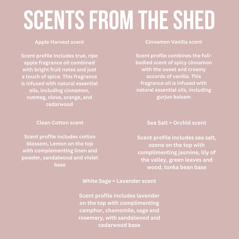 K&ouml;nnte beinhalten: Rosa Hintergrund mit wei&szlig;em Text &bdquo;SCENTS FROM THE SHED&ldquo;. Das Bild listet Duftprofile wie Apple Harvest, Cinnamon Vanilla, Clean Cotton, Sea Salt + Orchid und White Sage + Lavender auf.