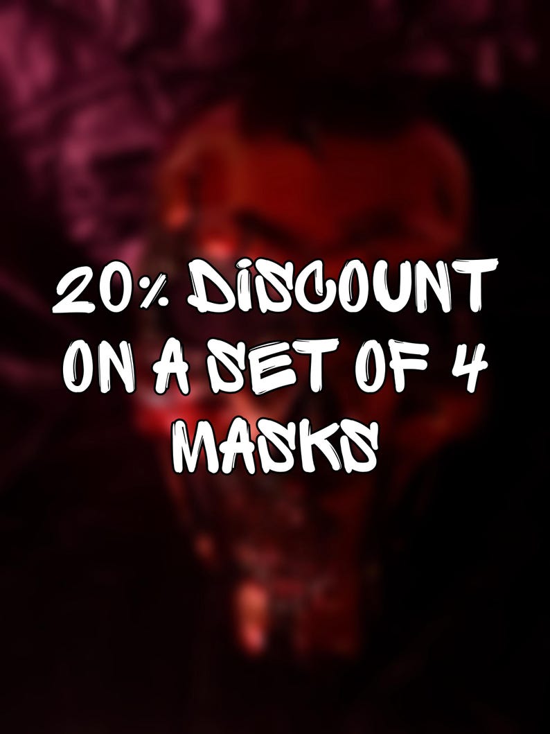 K&ouml;nnte beinhalten: Werbebild mit dem Text "20% DISCOUNT ON A SET OF 4 MASKS" in Wei&szlig;, vor einem verschwommenen, dunkelroten und schwarzen Hintergrund. Der Text ist in einem fetten, handschriftlichen Stil gehalten.