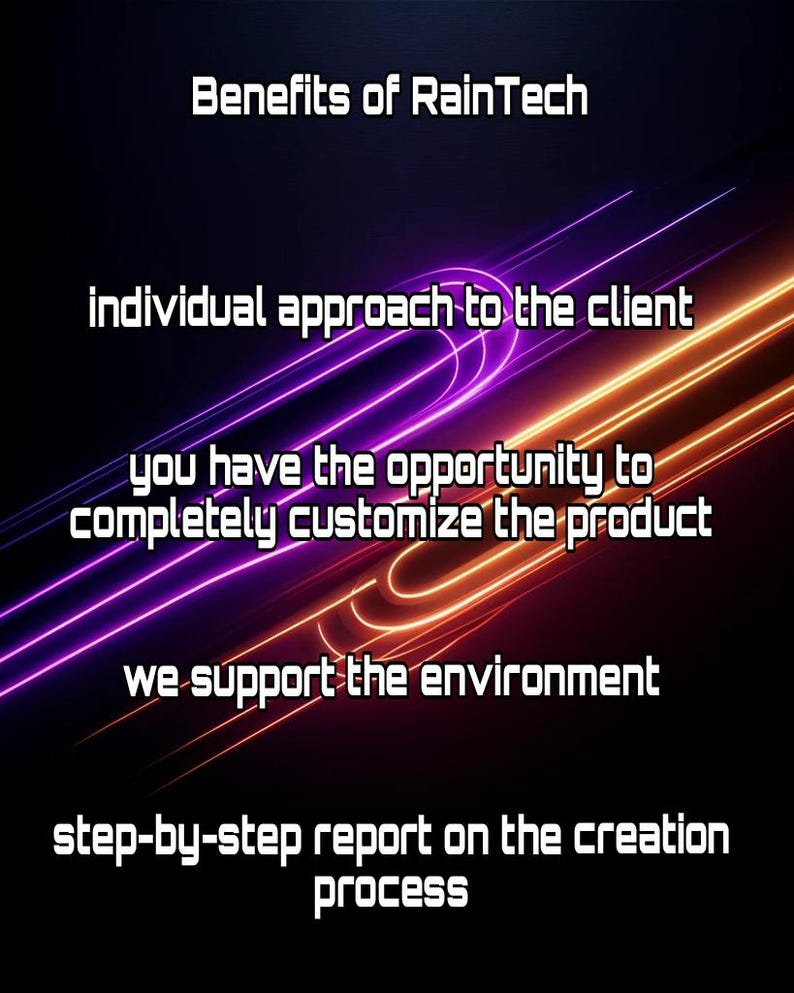 K&ouml;nnte beinhalten: Eine digitale Grafik mit dem Text "Benefits of RainTech" und mehreren Aufz&auml;hlungspunkten. Die Punkte umfassen "individueller Ansatz f&uuml;r den Kunden", "Produkt anpassen", "die Umwelt unterst&uuml;tzen" und "Schritt-f&uuml;r-Schritt-Bericht &uuml;ber den Erstellungsprozess".