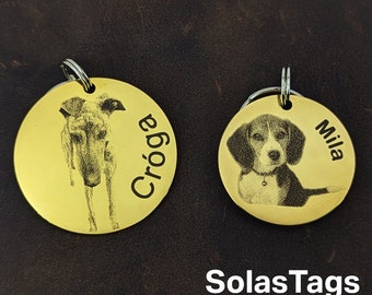 Personalized Photo Engraved Dog Cat & Pet Tag, Irish-Made Custom Pet ID Tags, Stainless Steel, Round