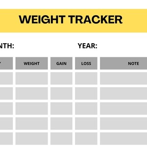 Può includere: Un grafico di tracciamento del peso grigio e bianco con le parole "WEIGHT TRACKER" in nero in alto. Il grafico ha colonne per "DAY", "WEIGHT", "GAIN", "LOSS" e "NOTE".