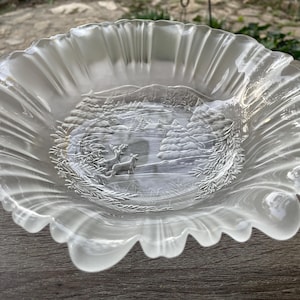 Vintage 1990s MIKASA Frosted Crystal Glass Holiday Winter Dreams Serving Bowl, Mikasa winter embossed serving bowl, transparent & frosted