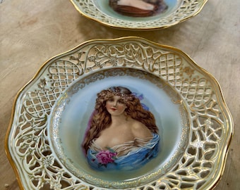 Vintage Schumann Bavarian Porcelain Lattice Plates, Maiden Portrait, Gold Gilt