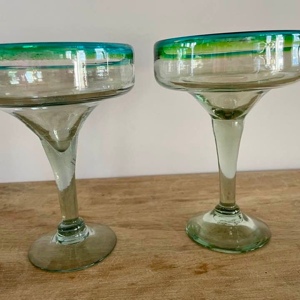 Set of 2 Vintage, Mexican Mouth-Blown Margarita Glasses/Cinco de Mayo/Aqua Blue & Green Rimmed Margarita Stemware/90s Pier I/Artisan Mexico