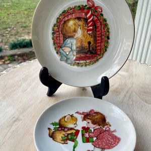 Vintage Christmas Plates, Little Boy by Fireplace Looking at his Christmas Stocking, Avon Christmas Collector&#39;s Plate Girl & kitty w/Gifts