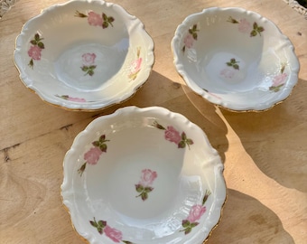 Johann Haviland Rose Dessert Bowls, White Porcelain Bavaria Germany, Gold Trimmed Pair