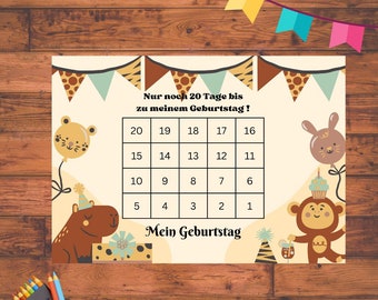 Geburtstagscountdown für Kinder, 20 Tage bis zum Geburtstag, A4 zum selber ausdrucken, Countdown Zähler in Brauntönen