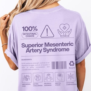 May include: A light purple t-shirt with the text "100% Intestinal Chaos" and "Superior Mesenteric Artery Syndrome". The back of the shirt features a warning symbol, a heart, and a list of symptoms.