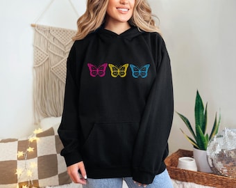 Felpa con cappuccio Pan, farfalle Pan, maglietta Pansexual, maglione Pan Pride, maglietta con bandiera Pansexual discreta, maglietta Pan Pride, orgoglio alla moda Plus Size Pride