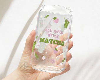 Vaso de matcha helado, vaso para café helado con forma de lata, tapa de bambú y pajita, regalo para amantes del matcha, recuerdo de fiesta de cumpleaños, vaso de matcha de 16 oz