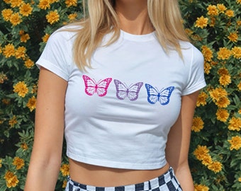 Bi Baby Tee, Bi Butterflies T-shirt, Bisexual Shirt, Bi Pride Top, Subtle Bisexual Flag Shirt, Y2K 2000s Trendy Pride, Bi Crop