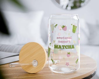 Vaso para café helado con matcha, forma de lata, con tapa de bambú y pajita, regalo para amantes del matcha, recuerdo de fiesta de cumpleaños, vaso de matcha de 16 oz.