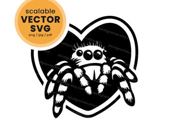 Cute jumping spider love heart graphic. T-shirt design Hand drawn SVG vector. Tshirt, tote bag, mug, cap, DIY projects. Cricut Silhouette
