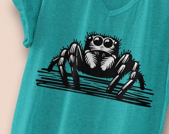 Cute jumping spider black pattern. T-shirt design Hand drawn SVG vector, dxf. Tshirt, tote bag, mug, cap, DIY projects. Cricut Silhouette.