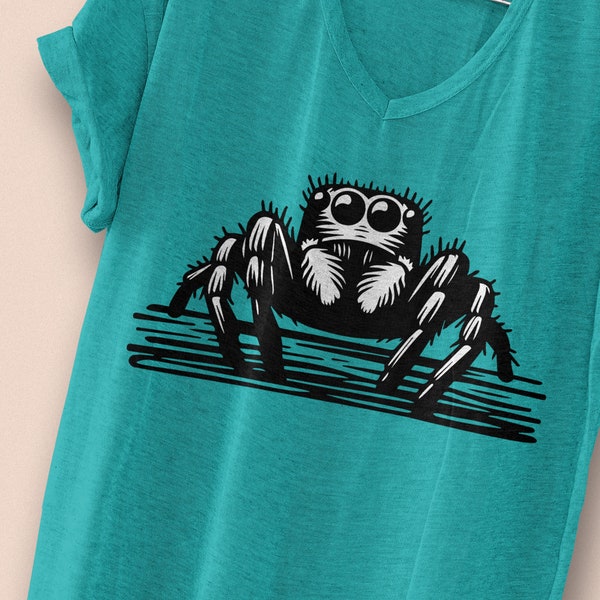 Cute jumping spider black pattern. T-shirt design Hand drawn SVG vector, dxf. Tshirt, tote bag, mug, cap, DIY projects. Cricut Silhouette.