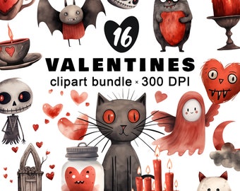 Watercolor spooky Valentine clipart set. 16 PNG files with transparent background 300 DPI. Digital design icons, love theme, red hearts