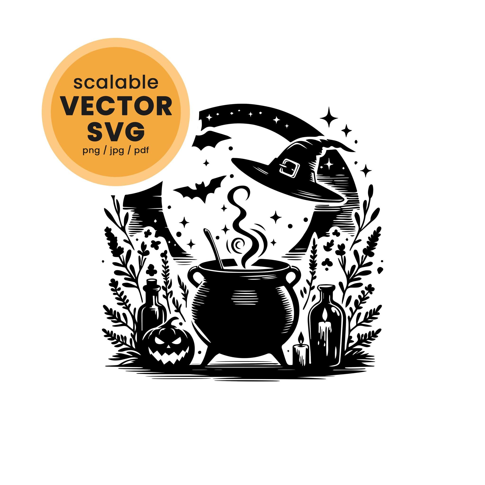 Magic witch cauldron scene PNG . T-shirt design Hand drawn SVG vector, dxf. Tshirt, tote bag, mug, cap, DIY projects. Cricut Silhouette.