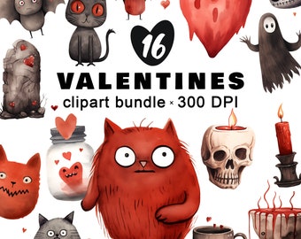 Watercolor spooky Valentine clipart set. 16 PNG files with transparent background 300 DPI. Digital design icons, love theme, red hearts