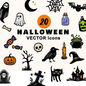 20 Halloween-elementen vectorafbeeldingen. Handgetekende cliparts PNG SVG-vector. T-shirt, labels, mok, pet, doe-het-zelfprojecten. Cricut-silhouet
