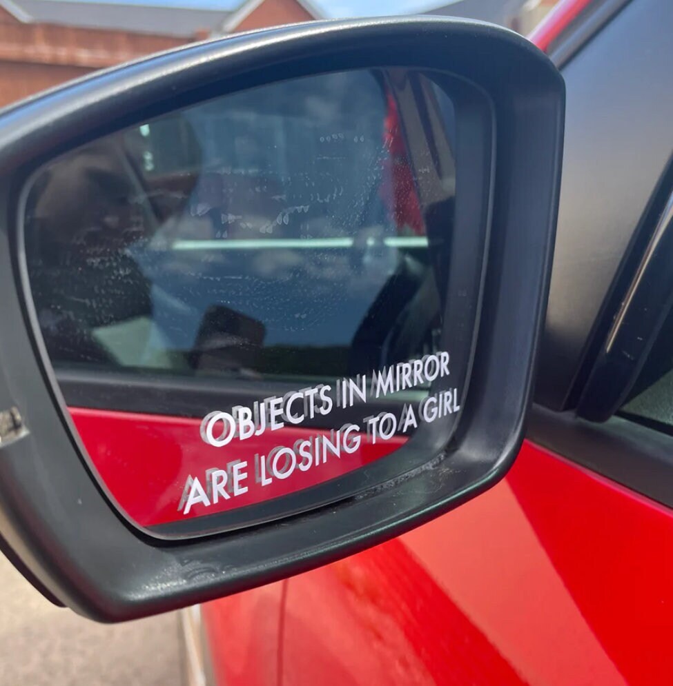 thumbnail image 2 of Funny 'Objects In Mirror Are Loosing' Vinyl Decal Sticker (2-Pack) - Die Cut For Car Mirror, Etched Look 2 of 6