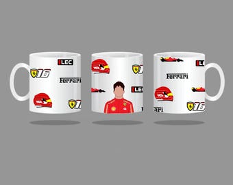 May include: Three white ceramic mugs with a red and white design featuring a race car driver, a race car, and the number 16. The mugs also feature the words "Ferrari" and "Leclerc".