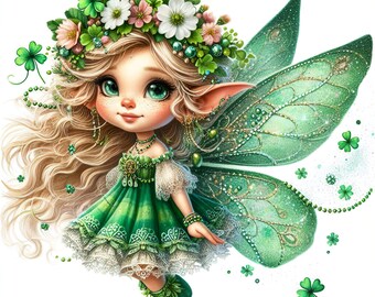 12 cliparts de fées de printemps aquarelle JPG, imprimables fées, imprimable pour la Saint-Patrick, travaux manuels de la Saint-Patrick, clipart fantastique