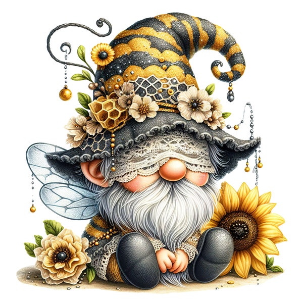 13 PNG Watercolor honey bee gnome, Spring clipart, Bumble bee decor, Garden gnome, Summer gnome, Watercolor animal, Transparent background