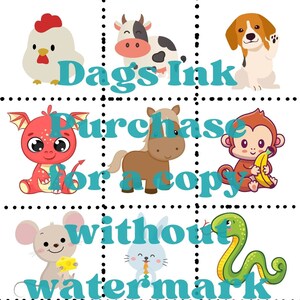 May include: A grid of cartoon animal illustrations, including a chicken, cow, dog, dragon, horse, monkey, mouse, rabbit, snake, pig, llama, and tiger. The text "Dags Ink Purchase for a copy without watermark" is overlaid on the image.