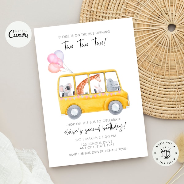 Editable School Bus Birthday Invitation, Turning Two Two Two Birthday Invite, Second Birthday Invitation, School Bus Invite Template