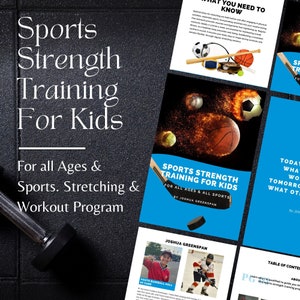 Peut inclure: Une couverture de livre bleue et blanche avec le titre "Sports Strength Training for Kids" et le sous-titre "Pour tous les âges et tous les sports". La couverture présente un bâton de hockey et un ballon de basket.