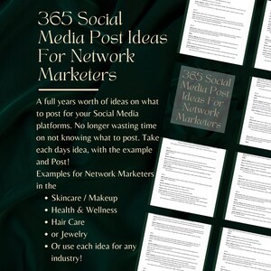 May include: A green background with a white text overlay that reads "365 Social Media Post Ideas For Network Marketers". The text is in a bold, sans-serif font. The image also includes a smaller, white rectangle with the same text in a smaller font size. The smaller rectangle is positioned in the bottom right corner of the image.