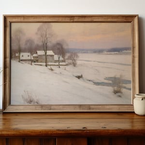 Snowy Riverside Vintage Landscape Painting | Printable Art | DIGITAL Art | Rustic Countryside | Winter Scene | Wall Decor | Farm house Decor