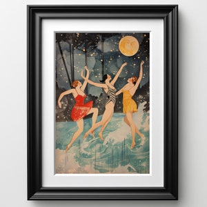 1920s Flapper Art Deco 1920s Wall Decor Vintage Wall Art Illustration Painting  Dancing With Moon in Ocean