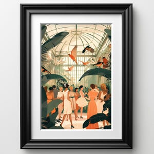 Puede incluir: Impresión artística enmarcada que representa una escena vibrante dentro de un invernadero. Mujeres con vestidos se mezclan entre exuberante vegetación y pájaros volando. La obra presenta una paleta de colores cálidos con tonos de naranja, verde y blanco.