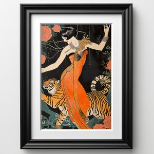 1920s Hand Drawn Art Print Flapper Dancing With Tiger