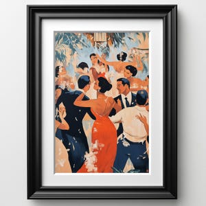 以下が含まれることがあります： 活気ある屋外ダンスシーンを描いた額入りのアートプリント。このアートワークは、フォーマルな服装の人物を特徴とし、赤いドレスを着た女性が焦点となっています。背景には豊かな葉と明るい色使いがあり、ヴィンテージな美学を作り出しています。