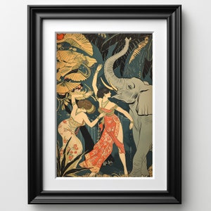 1920s Hand Drawn Art Print Flappers Dancing With Elephant