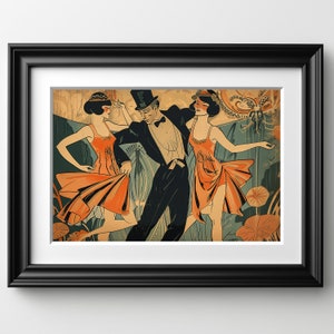 1920s Hand Drawn Art Print Flappers Dancing With Tophat Man