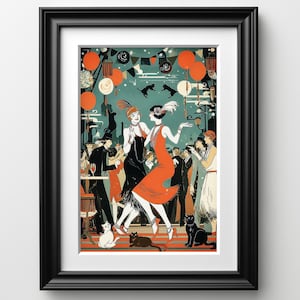 Puede incluir: Una impresión artística enmarcada que representa una escena de fiesta vintage. Dos mujeres con vestidos de flapper bailan, rodeadas de otros fiesteros, gatos y decoraciones naranjas y blancas. La obra de arte es de estilo retro con un fondo turquesa.