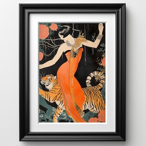 1920s Flapper Dancing With Tiger Art Deco Print Roaring Twenties Jazz Age Wall Art
