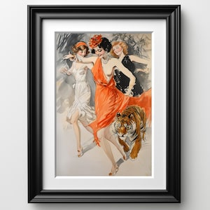 1920 Vintage Flapper Wall Art Illustration 1920s Wall Decor Art Tiger Cocktail Party Hand Drawn Art Print