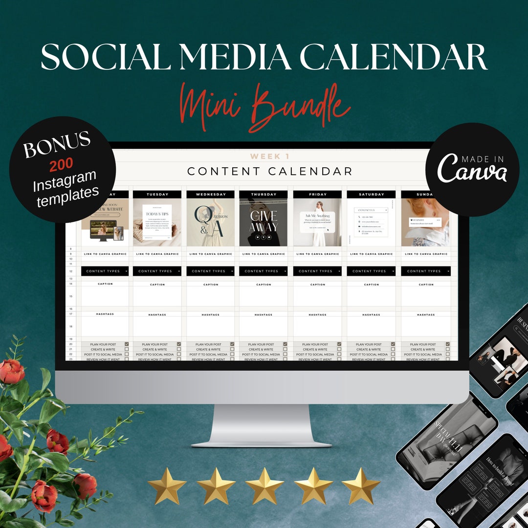 Content Calendar Social Media Calendar Planner Template BONUS 200 ...