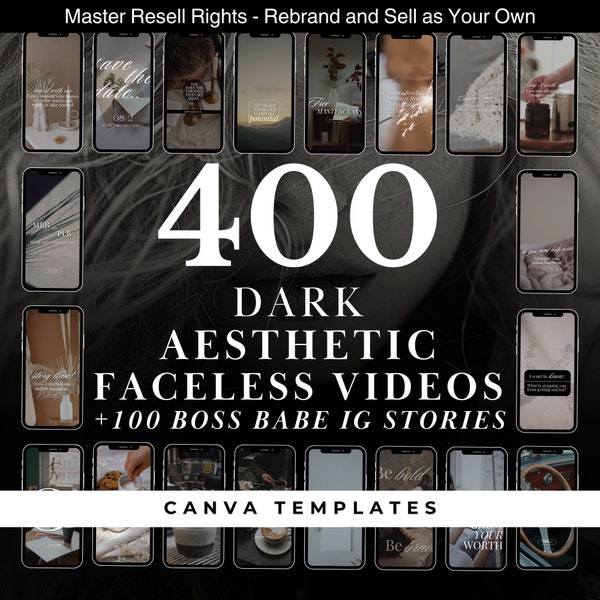 400 Dark Aesthetic Faceless Videos Reels 100 Boss Babe Stories & Bonus Social Media Planer | Canva Reel Template Social Media Instagram MRR